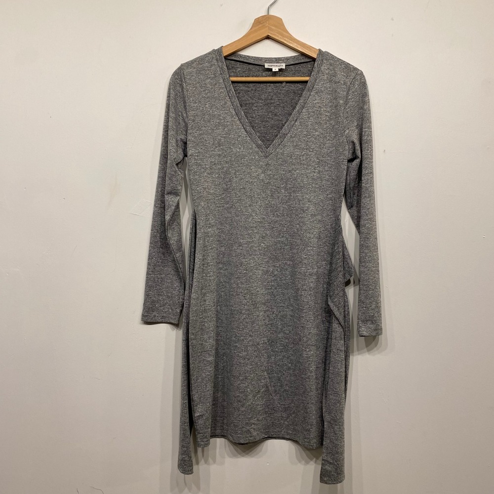 Superdown Womens Grey Heathered V-Neck Long Sleeve Tie‎ Waist Mini Dress Size S